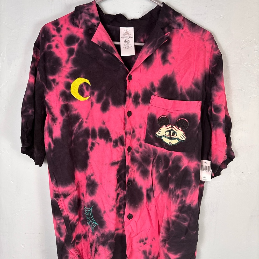 Disney Mickey Mouse Halloween Button Up Embroidered Shirt Pink & Black